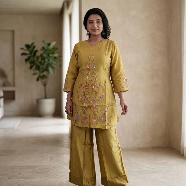 Mustard_Yellow_Mul_Chanderi_Straight_Floral_Embroidered_Coord_Set_For_Women