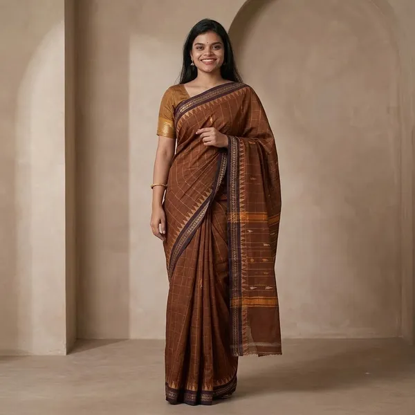 Mahogany_Brown_And_Midnight_Blue_Handloom_Kanchi_Cotton_Saree_For_Women