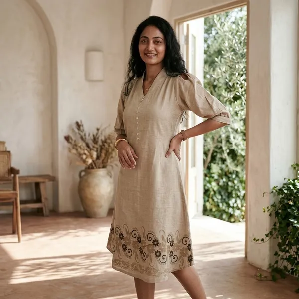 Beige_Cotton_Straight_Midi_Kurti_For_Women