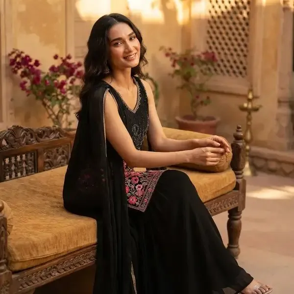 Black_Cotton_Anarkali_Floral_Embroidered_3-Piece_Salwar_Suit_For_Women