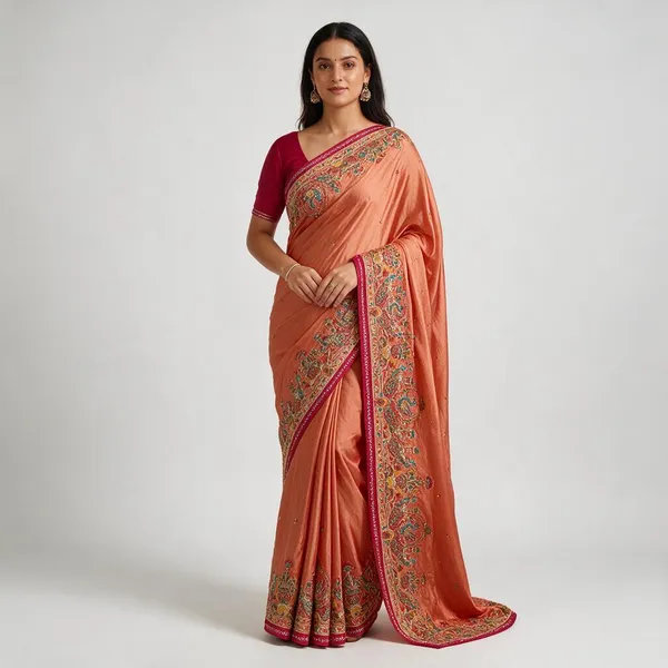 Peach_Vichitra_Silk_With_Handwork_Saree_For_Women