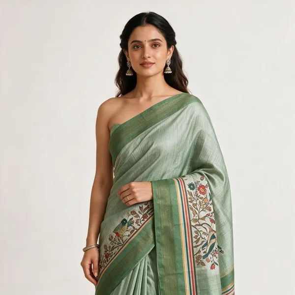 Green_Jacquard_Lenin_Digital_Saree_For_Women