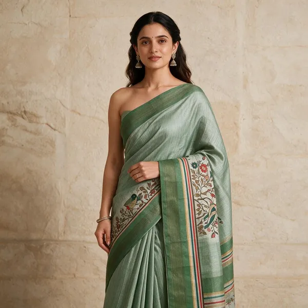 Green_Jacquard_Lenin_Digital_Saree_For_Women
