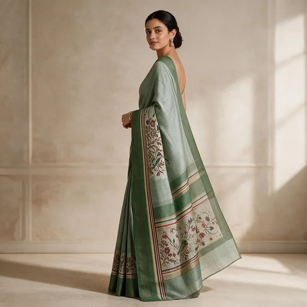Green_Jacquard_Lenin_Digital_Saree_For_Women