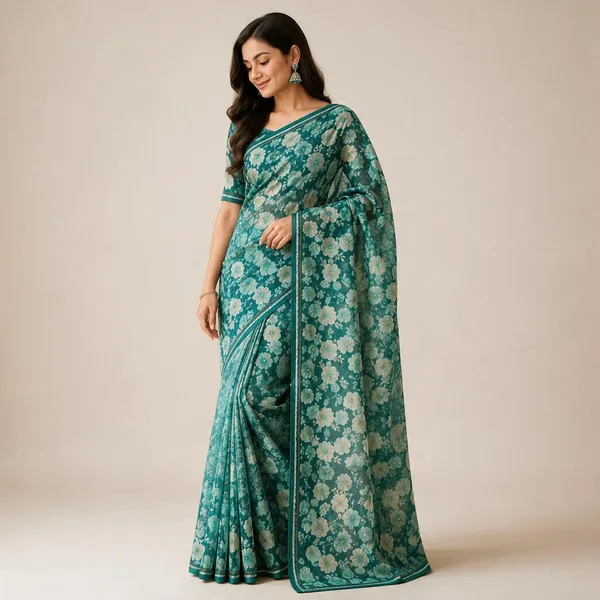 Teal_Georgette_With_Lace_Saree_For_Women