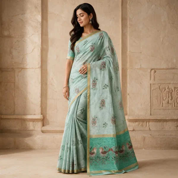 Green_Chanderi_Glass_Digital_Saree_For_Women