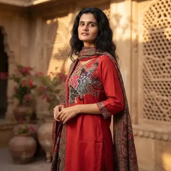 Red_Kalamkari_Cotton_Straight_3-Piece_Kurta_Set_For_Women
