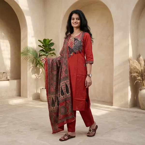 Red_Kalamkari_Cotton_Straight_3-Piece_Kurta_Set_For_Women