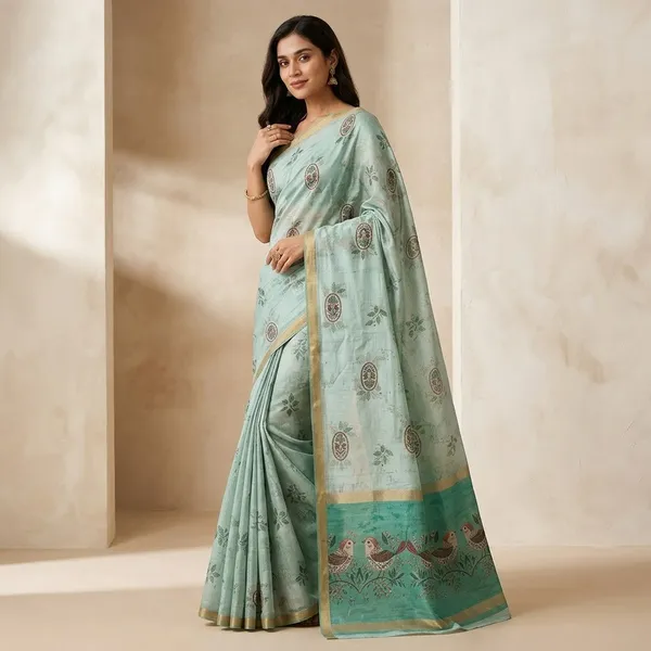 Green_Chanderi_Glass_Digital_Saree_For_Women