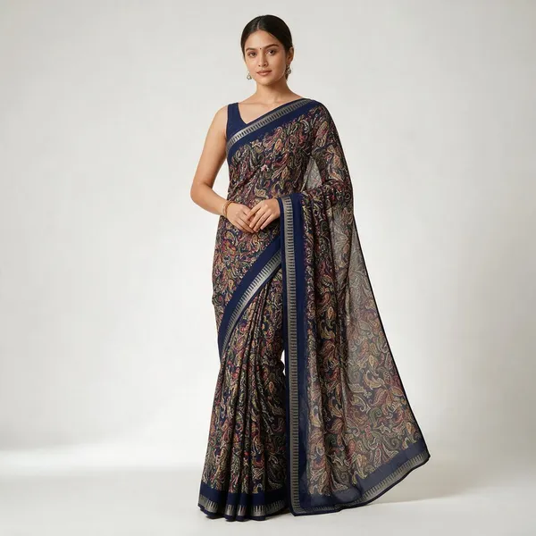 Navy_Viscose_Georgette_With_Zari_Border_Saree_For_Women