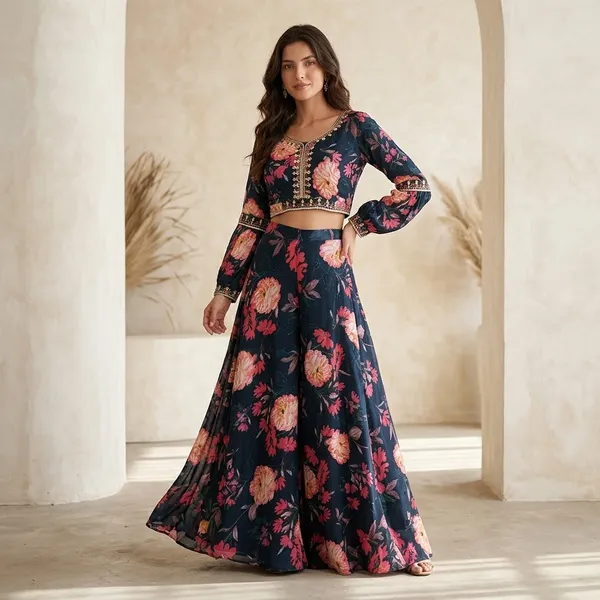 Navy_Blue_Georgette_Silk_Floral_Print_Crop_Top_Set_For_Women