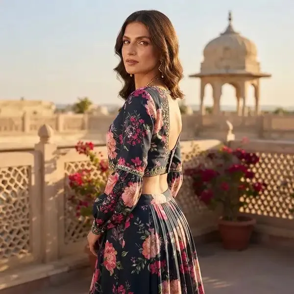 Navy_Blue_Georgette_Silk_Floral_Print_Crop_Top_Set_For_Women