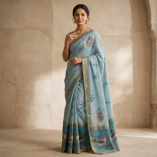 Blue_Chanderi_Glass_Digital_Saree_For_Women