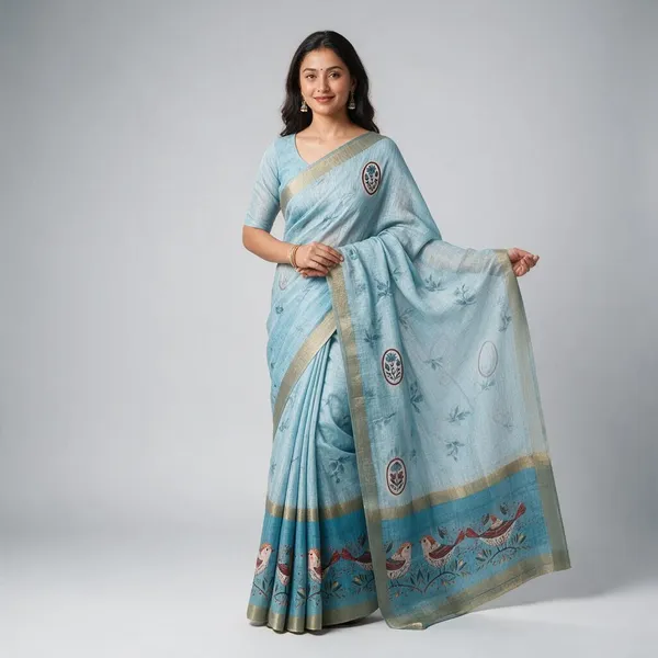 Blue_Chanderi_Glass_Digital_Saree_For_Women
