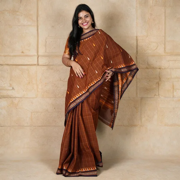 Mahogany_Brown_And_Midnight_Blue_Handloom_Kanchi_Cotton_Saree_For_Women