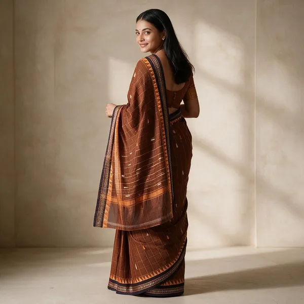 Mahogany_Brown_And_Midnight_Blue_Handloom_Kanchi_Cotton_Saree_For_Women