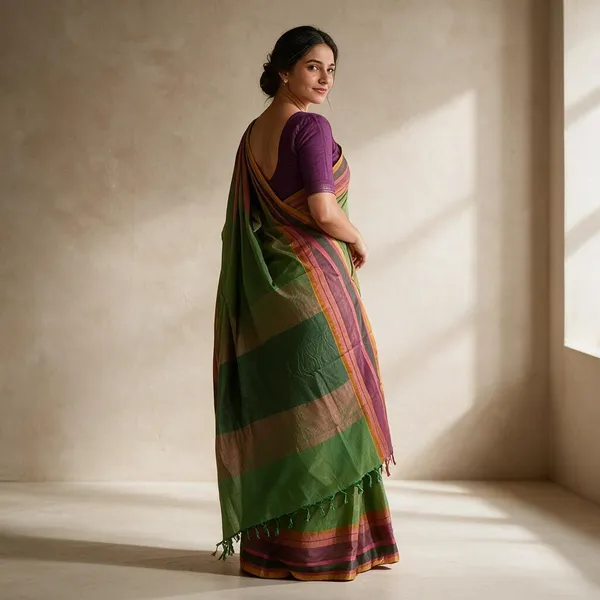 Forest_Green_And_Midnight_Blue_Handloom_Kanchi_Cotton_Saree_For_Women