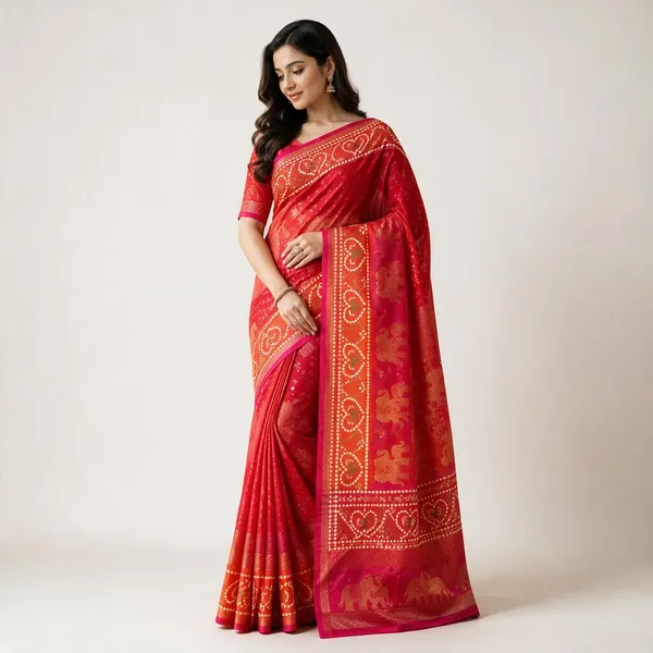 Red_Jacquard_Viscose_With_Bandhani_Print_Saree_For_Women