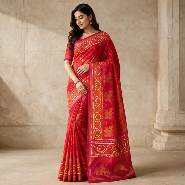 Red_Jacquard_Viscose_With_Bandhani_Print_Saree_For_Women