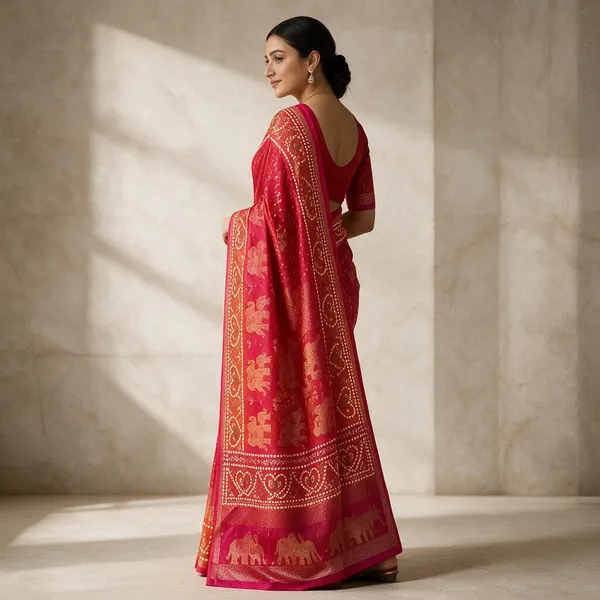Red_Jacquard_Viscose_With_Bandhani_Print_Saree_For_Women