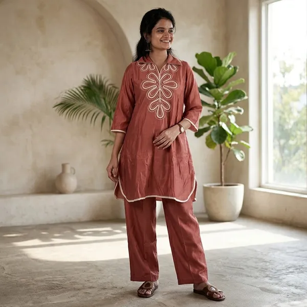 Rust_Cotton_Flared_Embroidered_Cord_Set_For_Women