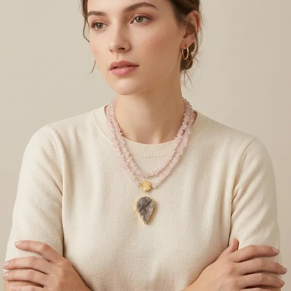 Two_Layered_Classic_Grey_Necklace_Rose_Quartz_Pink