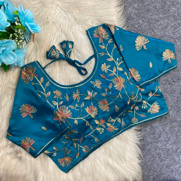 Teal_Blue_Silk_Embroidered_Floral_Blouse_For_Women