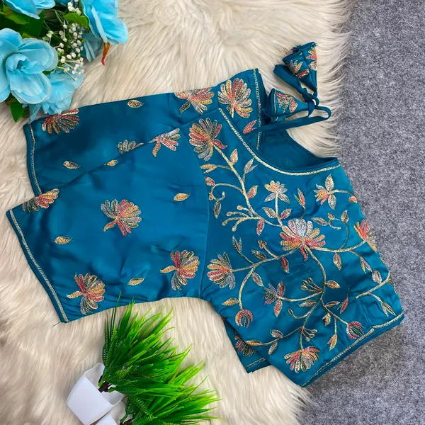 Teal_Blue_Silk_Embroidered_Floral_Blouse_For_Women