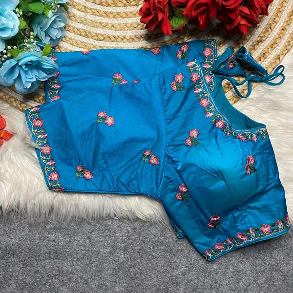 Blue_Silk_Embroidered_Floral_Blouse_For_Women