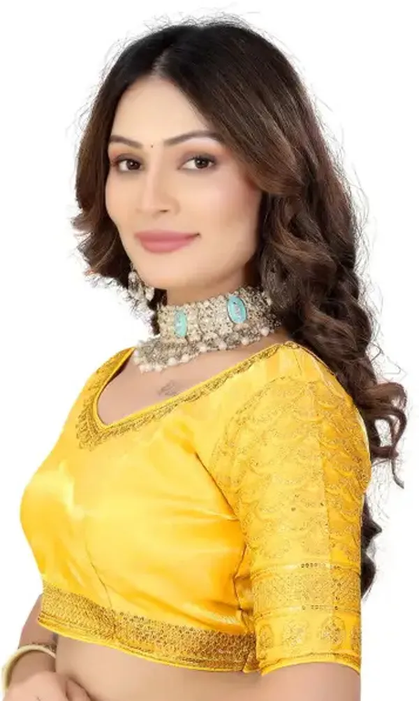 Yellow_Silk_Embroidered_Elbow_Sleeve_Blouse_For_Women