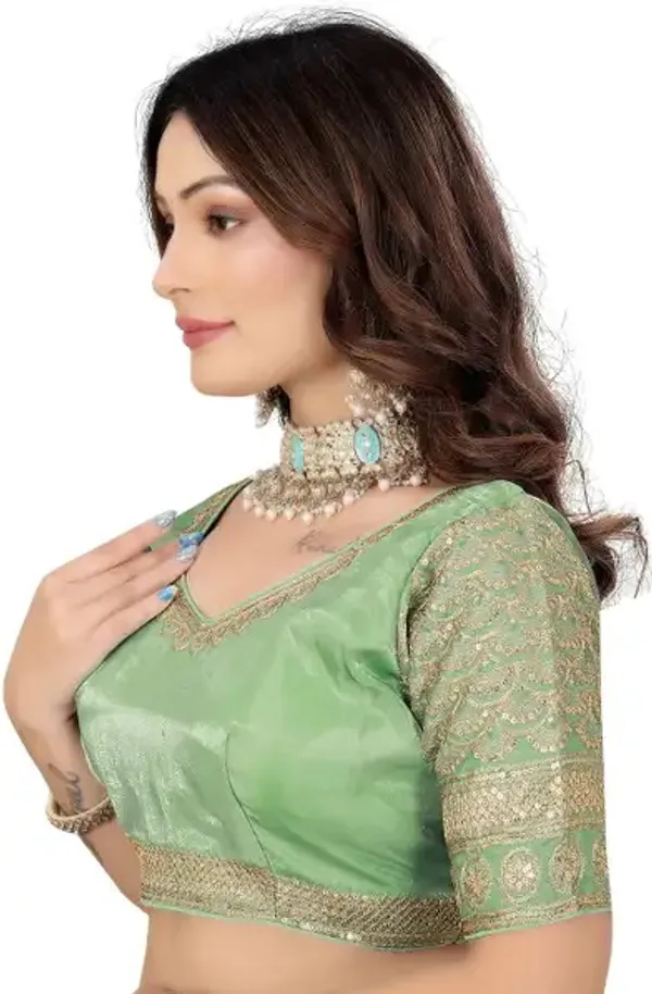 Green_Silk_Embroidered_V-Neck_Blouse_For_Women