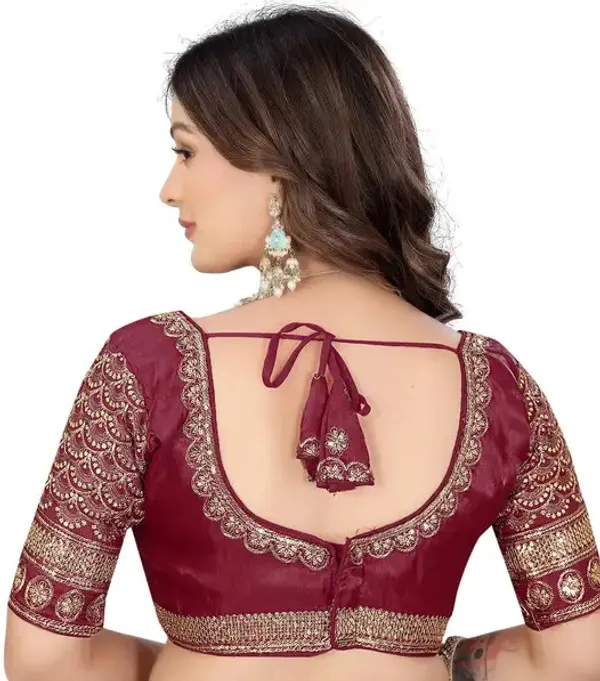 Maroon_Silk_Embroidered_Elbow_Sleeve_Blouse_For_Women