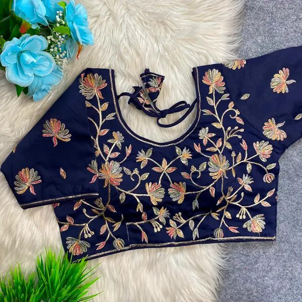 Navy_Blue_Silk_Embroidered_Floral_Blouse_For_Women