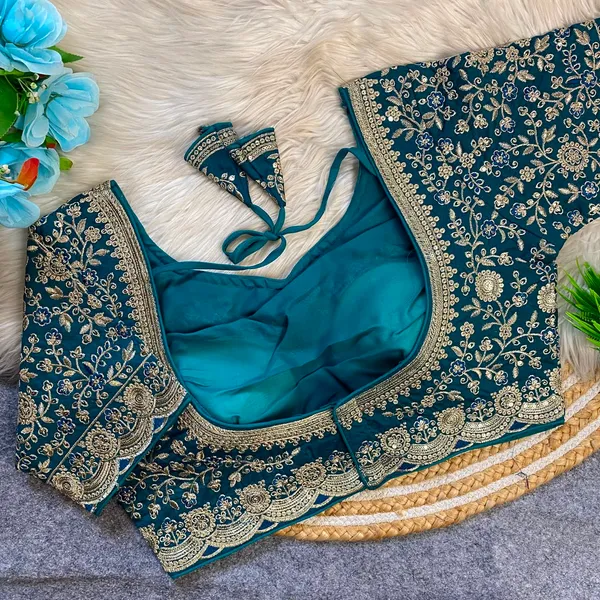 Teal_Blue_fendy_Silk_Embroidered_Floral_design_Blouse_For_Women