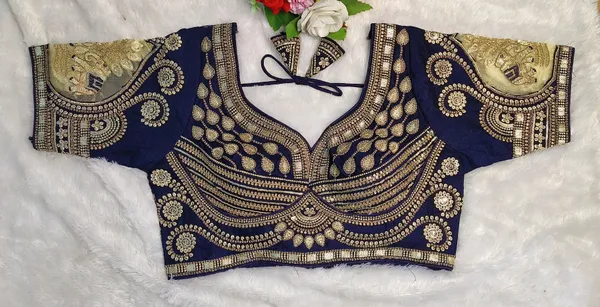 Blue_Silk_Sweetheart_Neck_Sequin_Zari_Blouse_For_Women