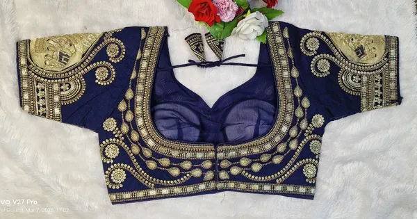 Blue_Silk_Sweetheart_Neck_Sequin_Zari_Blouse_For_Women