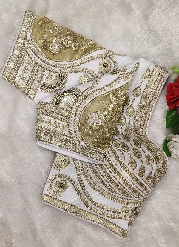 White_Fendy_Silk_Sweetheart_Neck_Sequence_Work_Embroidered_Blouse_For_Women