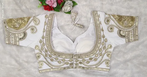 White_Fendy_Silk_Sweetheart_Neck_Sequence_Work_Embroidered_Blouse_For_Women
