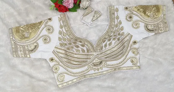 White_Silk_Sweetheart_Neck_Sequin_Zari_Blouse_For_Women