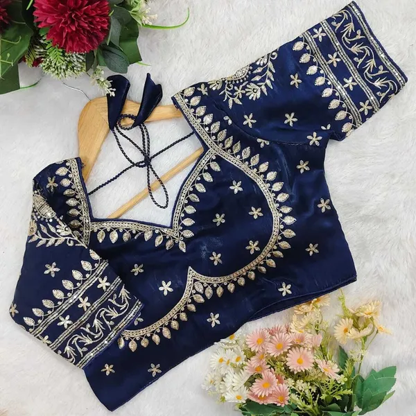 Blue_Silk_Round_Neck_Blouse_For_Women
