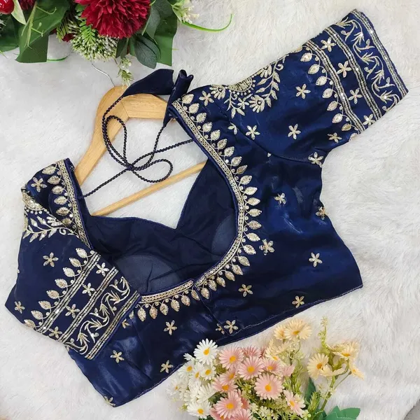 Blue_Silk_Round_Neck_Blouse_For_Women