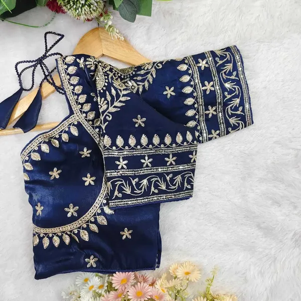 Blue_Silk_Round_Neck_Blouse_For_Women