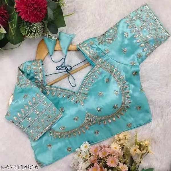 Sky_Blue_Silk_V-Neck_Blouse_For_Women