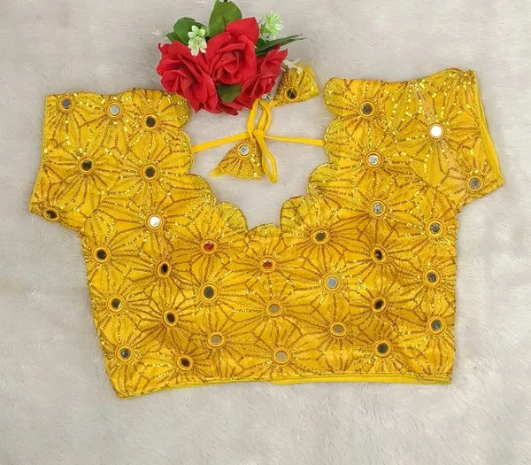 Yellow_Silk_Round_Neck_Embroidered_Blouse_For_Women