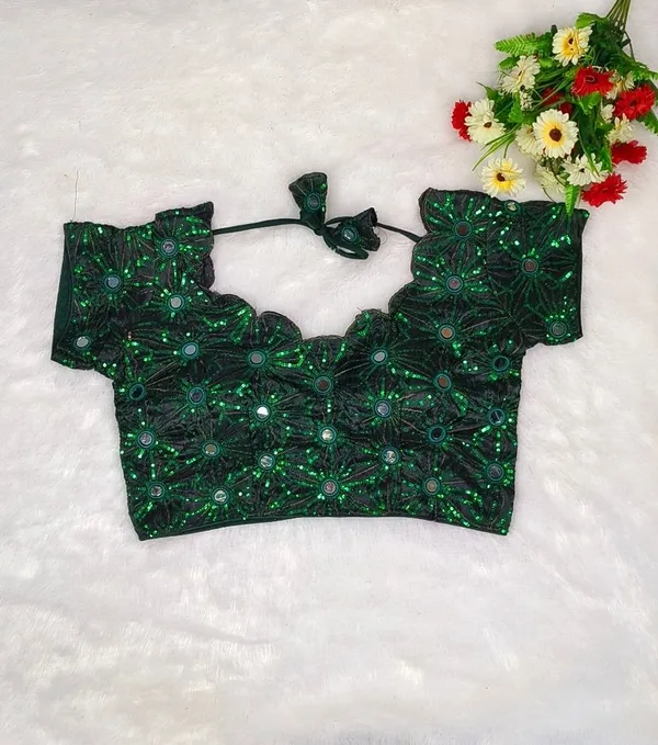 Dark_Green_Silk_sequince_Embroidered_Mirror_work_Designer_Blouse_For_Women