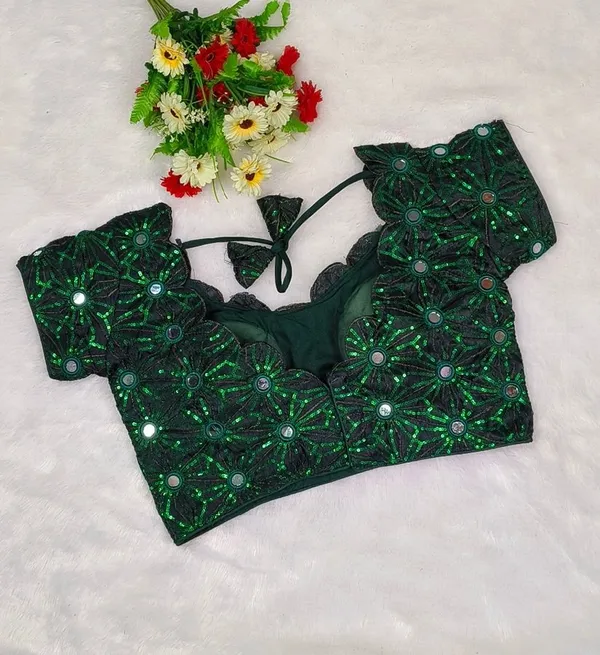Dark_Green_Silk_sequince_Embroidered_Mirror_work_Designer_Blouse_For_Women