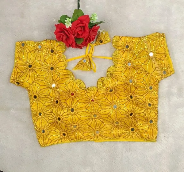 Yellow_Silk_sequence_Embroidery_mirror_work_Fashion_Neck_Blouse_For_Women