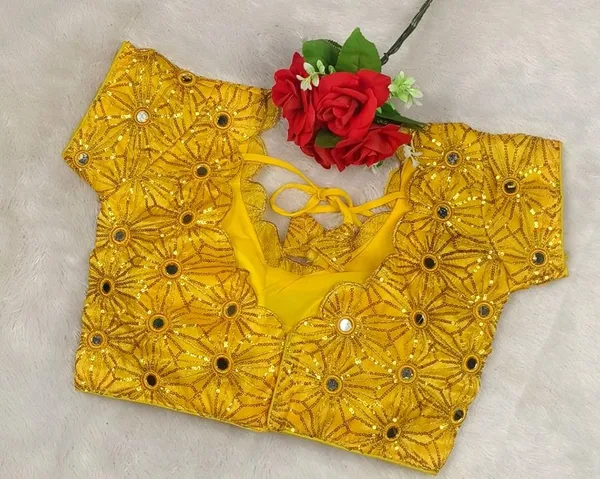 Yellow_Silk_sequence_Embroidery_mirror_work_Fashion_Neck_Blouse_For_Women