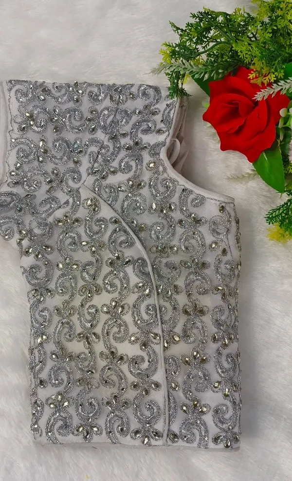 Silver_organza_Silk_Embroidery_diamond_Work_Blouse_For_Women