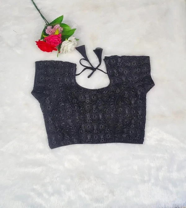 Black__Organza_Silk_Round_Neck_Embroidery_Diamond_Work_Blouse_For_Women